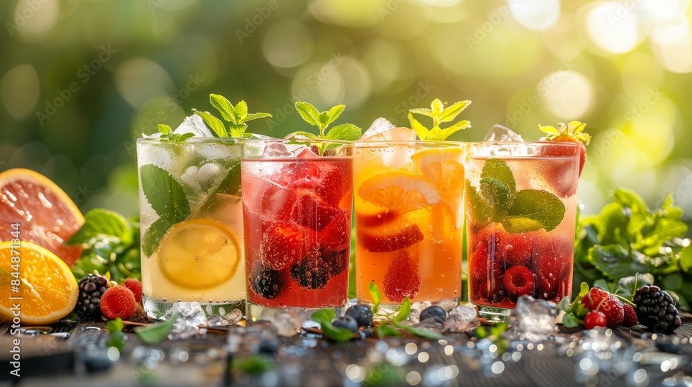 Wide-Angle Assorted Summer Cocktails with Fresh Fruit and Ice Wide-Angle Assorted Summer Cocktails with Fresh Fruit and Ice