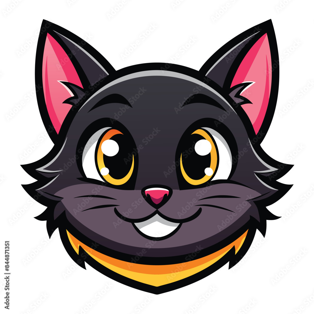 A cute, cartoon-style black cat head logo mascot with big eyes and a friendly smile, Cute Black Cat Head Logo Mascot A cute, cartoon-style black cat head logo mascot with big eyes and a friendly smile, Cute Black Cat Head Logo Mascot