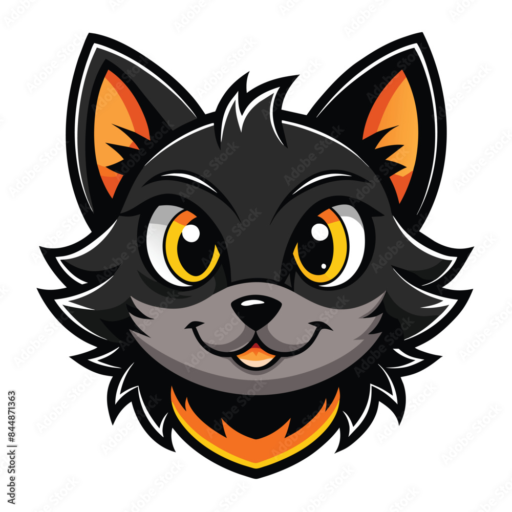 A cartoon-style logo featuring a black cats head with orange ears, eyes, and collar, Cute Black Cat Head Logo Mascot A cartoon-style logo featuring a black cats head with orange ears, eyes, and collar, Cute Black Cat Head Logo Mascot
