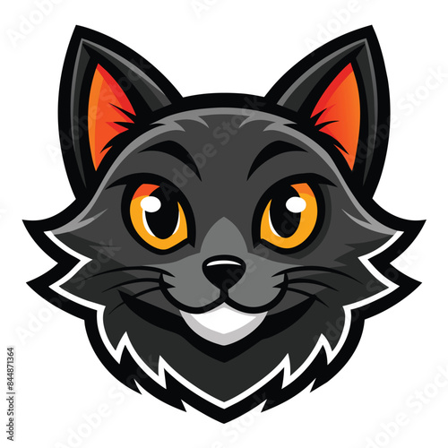 A cartoon illustration of a cute black cat head mascot with orange ears and yellow eyes, Cute Black Cat Head Logo Mascot, Illustration Vector