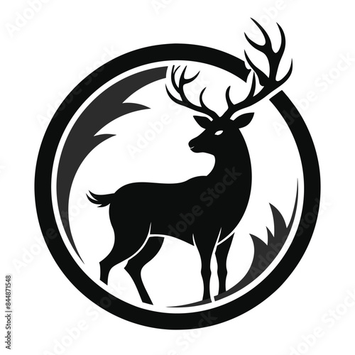 A black and white logo design featuring a deer with large antlers standing in a circle surrounded by grass, deer line logo