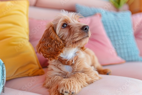 Cute Puppy Relaxing on a Pink Sofa Generative AI