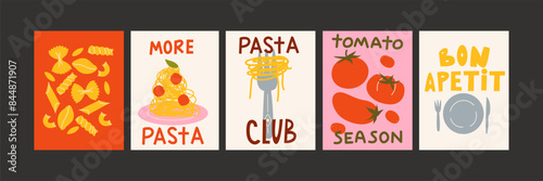 Abstract pasta posters with Italian food for the kitchen. Culinary compositions in the fashionable cartoon style of Matisse. Decor for kitchens, cafes and restaurants. Minimalist banners for wall deco