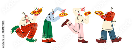 Cartoon character Italian chef pizza man preparing pizza. Mascot pizza maker pizzaiolo with pizza in his hands at the oven. Doodle illustration of a baker male waiter in retro 90s style