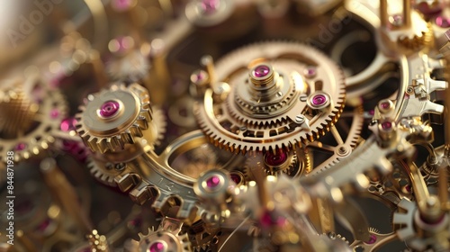 Close-up of a working mechanism consisting of golden metal gears. Golden clockwork and gears.
