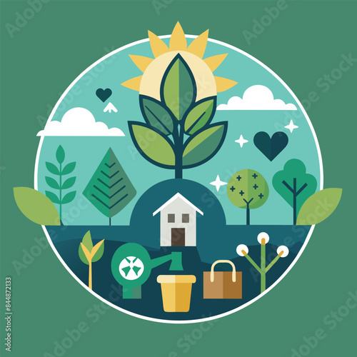 Minimalist Community Garden Icon Design With Sun, House, and Plants, Design a minimalist icon for a community garden project promoting sustainable living