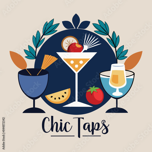 A minimalist logo design for a chic tapas bar featuring a cocktail glass filled with fruit, a watermelon slice, and a tomato, Design a minimalist logo for a high-end cosmetics brand