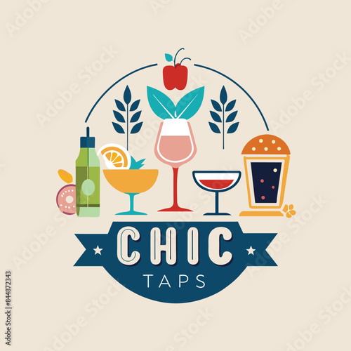 Chic Tapas Bar Logo Design With Colorful Cocktails and Food Items, Design a minimalist logo for a chic tapas bar with an emphasis on small plates and craft cocktails