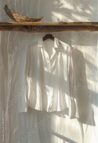 A white blouse hangs on a hanger on a fabric background under the sun's rays. Vertical orientation