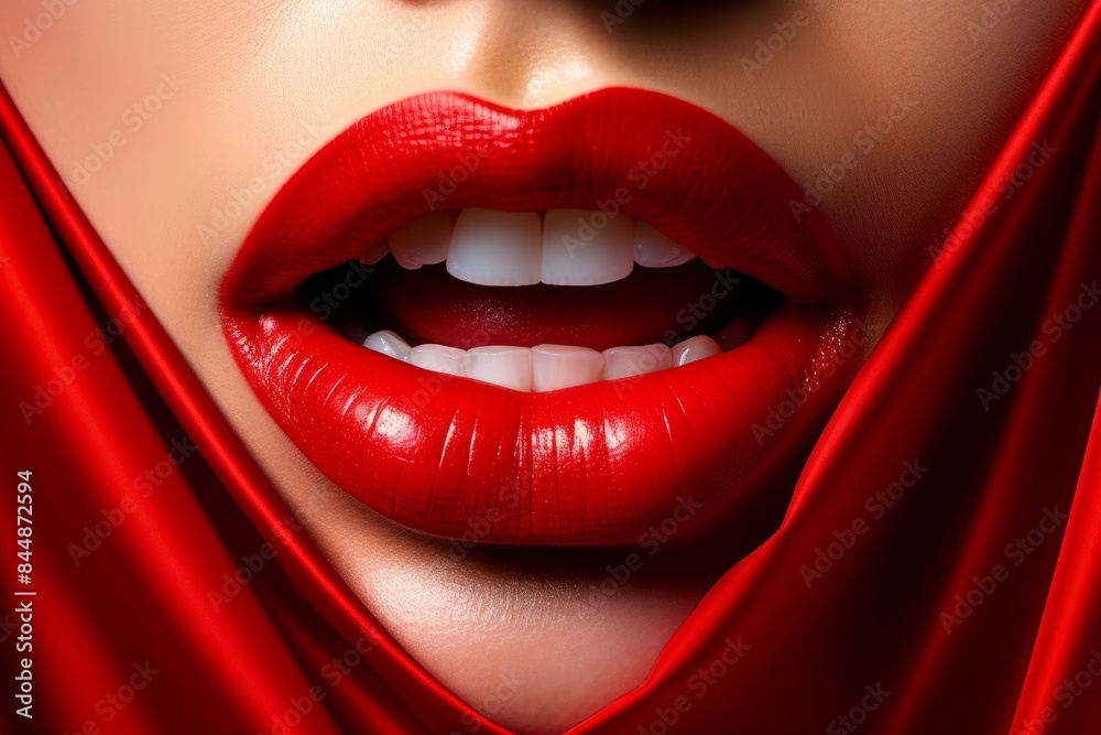 Fototapeta premium Macro photo of a woman's mouth with red lipstick, partially draped in silk
