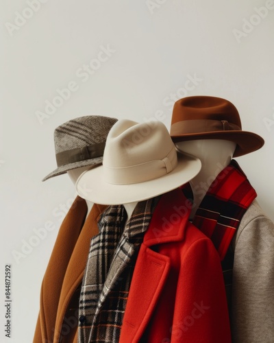 Three mannequins in stylish coats, scarves and hats on a white background. Vertical orientation