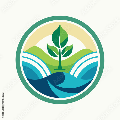 Minimalist Sustainability Logo Design: Green Tree, Hills, and Water in a Circular Shape, Design a minimalist logo for a sustainability-focused NGO