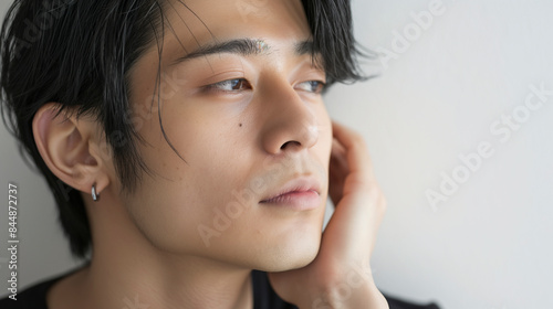 Young Man Smiling and Touching His Face