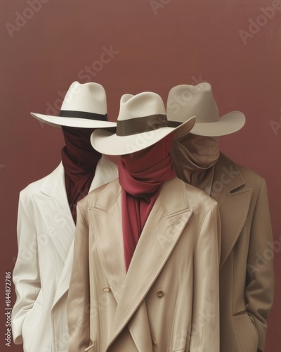 Three mannequins in stylish coats, scarves and hats on a brown background. Vertical orientation
