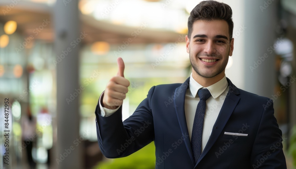 Businessman Giving Thumbs Up In Office Building Businessman Giving Thumbs Up In Office Building