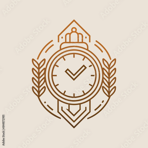 A simple and elegant logo featuring a clock face with a checkmark inside a circle, surrounded by wheat stalks, Design a simple and elegant logo for a luxury watch boutique using just a line