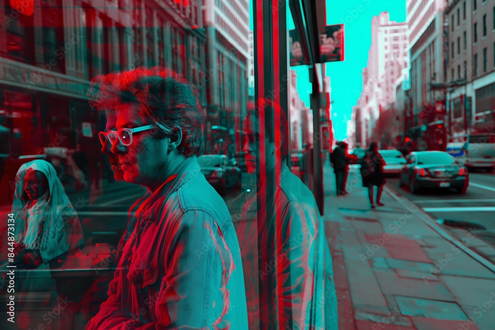 Fototapeta premium Person waiting at a bus stop with a cityscape reflection, all in a red and blue anaglyphic 3D visual style