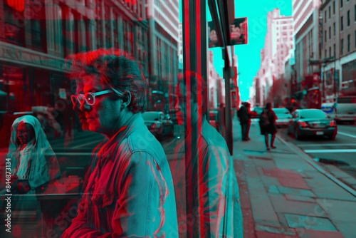 Person waiting at a bus stop with a cityscape reflection, all in a red and blue anaglyphic 3D visual style photo