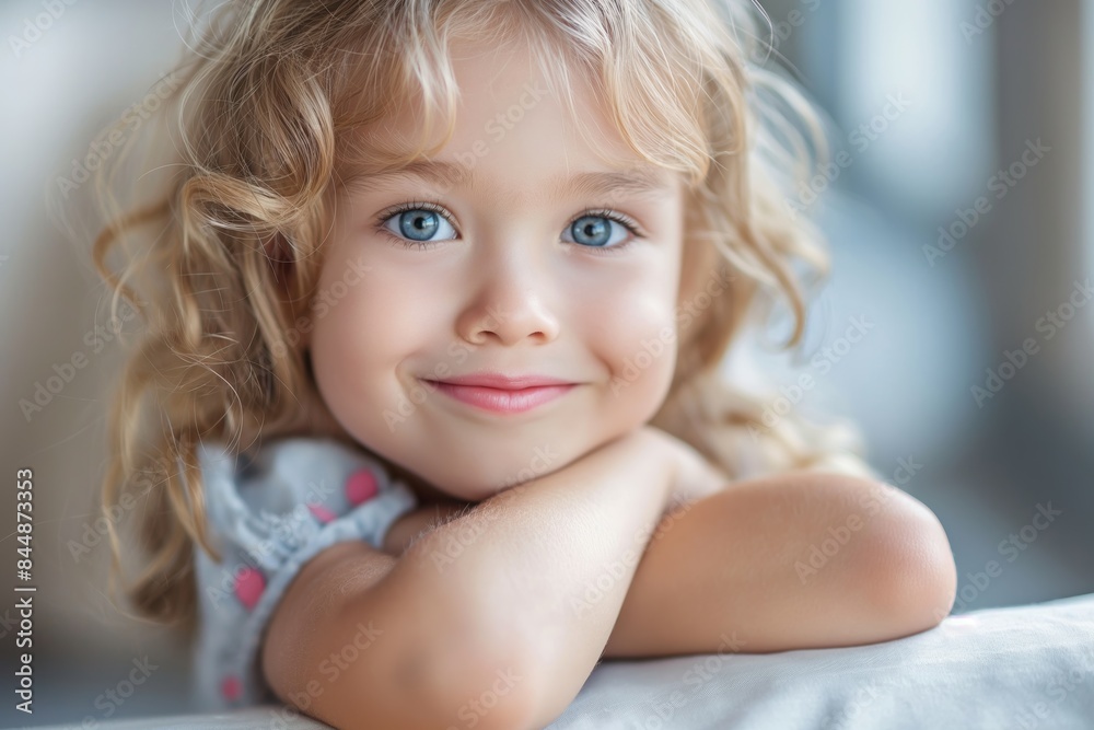 Adorable little girl with curly blonde hair and blue eyes smiling while resting her chin on her hands Adorable little girl with curly blonde hair and blue eyes smiling while resting her chin on her hands