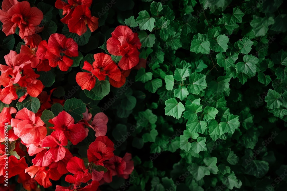 Red flowers contrast with green foliage, creating a dramatic and vivid scene