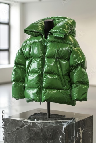 A glossy green down jacket on a mannequin. A down jacket in a spacious hall. Vertical orientation