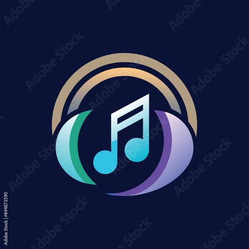 A logo design featuring a music note encompassed by multiple colorful arcs in a circular formation, Design a sleek and simple logo for a music streaming service