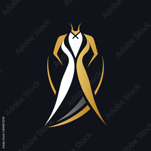 Abstract logo design featuring a stylized dress silhouette in gold and white on a black background, Design a sleek and sophisticated logo for an event marketing agency