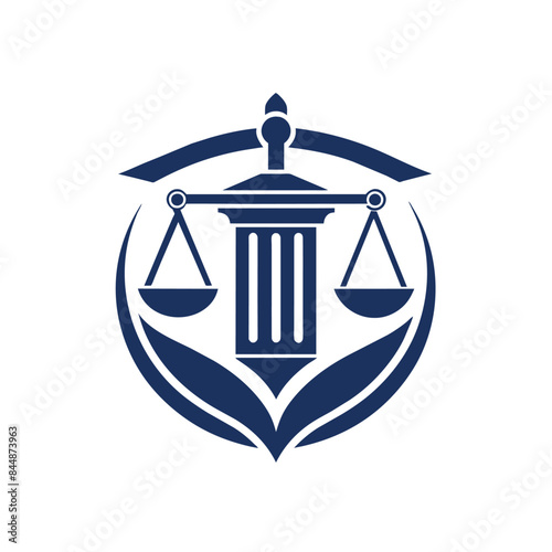 A professional logo design for a law firm, featuring a blue scale of justice and pillar surrounded by leaves, Develop a clean, professional logo for a law firm