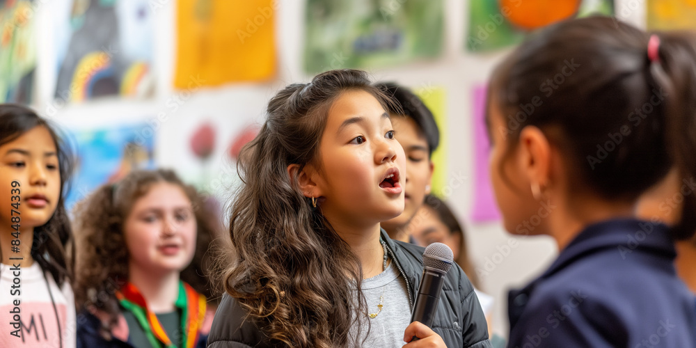 Obraz premium Classroom Harmony: Schoolgirl Leading Friends in Song 