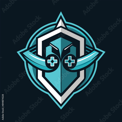 A modern, minimalist logo design with a shield featuring gaming controller buttons and curved wings, rendered in shades of blue, Develop a minimalist logo with a subtle nod to gaming culture