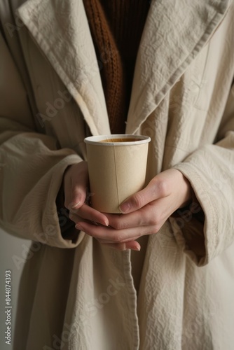 A person in a beige trench coat is holding a paper cup with coffee. Vertical orientation.