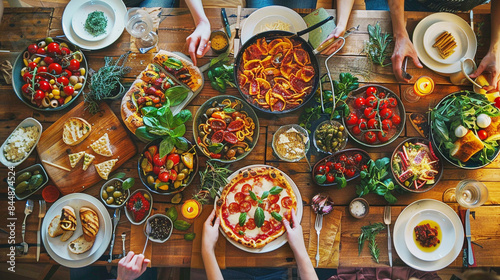 Top view  of assorted itlaian food on table, food like pizza and pasta on lunch table  photo