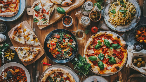 Assorted italian food  pizza pasta at the table 