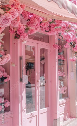 A beautiful flower shop with pink floral decor and a charming window display. Vertical orientation