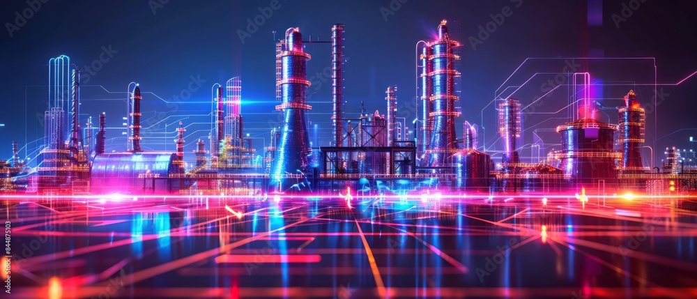 Obraz premium Illuminated Industrial Complex at Night With Digital Network