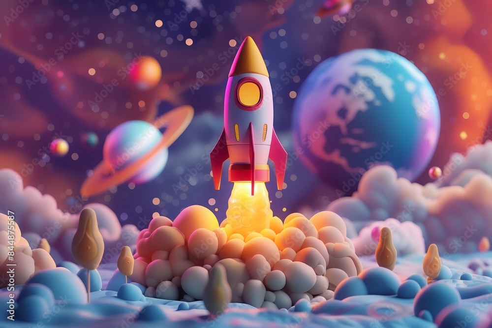 A 3D illustration of a cartoon rocket heading towards the moon, surrounded by stars and planets. The rocket's dynamic design and vivid colors make the scene lively and captivating. Enthralling and cre A 3D illustration of a cartoon rocket heading towards the moon, surrounded by stars and planets. The rocket's dynamic design and vivid colors make the scene lively and captivating. Enthralling and cre