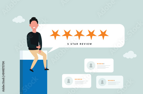 5 Stars Rating Feedback banner. Illustration of Happy Customer Giving a Five Star Review, Customer Satisfaction, Product Review Comments, Best Reputation or Ranking, Assessment, Concept poster