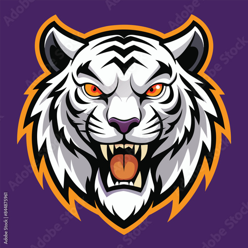 A fierce white tiger head mascot illustration with a bold and determined expression, Fierce White Tiger Head Mascot, Bold Illustration