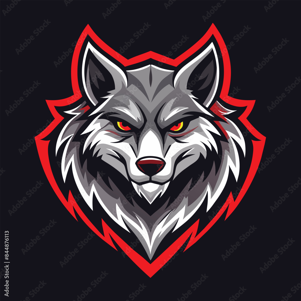 Obraz premium A digital illustration of a grey wolf mascot with red eyes and a red outline, perfect for esports and apparel designs, From Esports to Apparel, Unleash the Power of Wolf Logo Vector Illustration