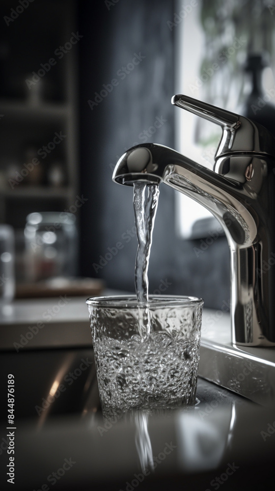 Filling water from the tap into a glass in kitchen Filling water from the tap into a glass in kitchen