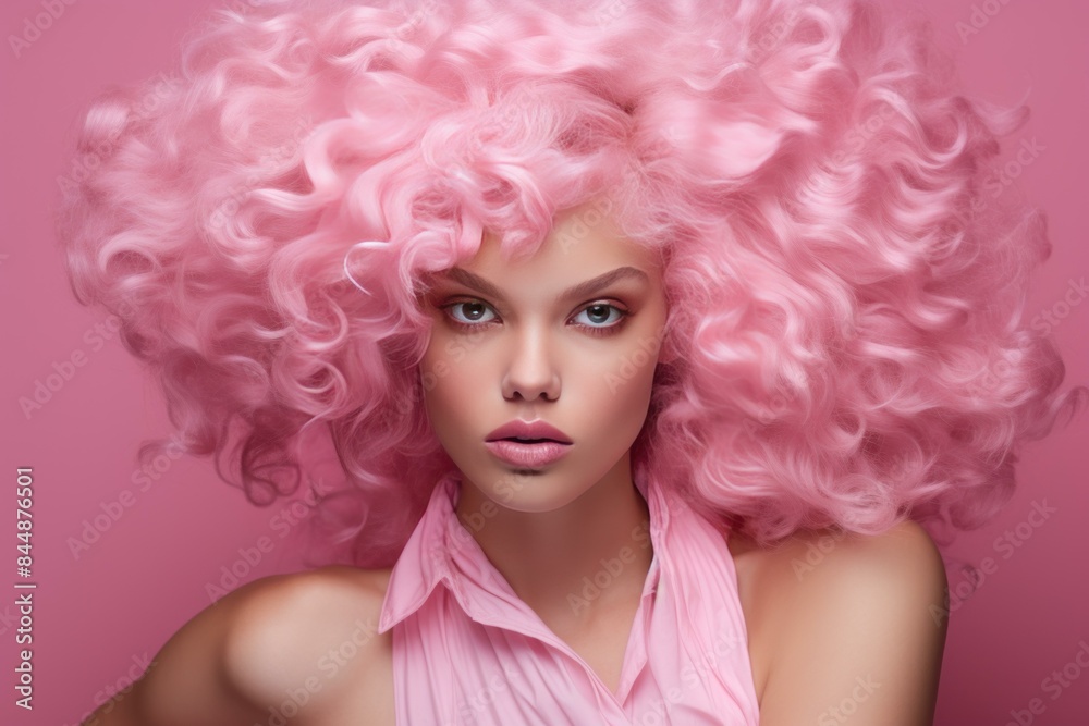 Vibrant portrait of a model with exaggerated pink curly hair against a matching background Vibrant portrait of a model with exaggerated pink curly hair against a matching background