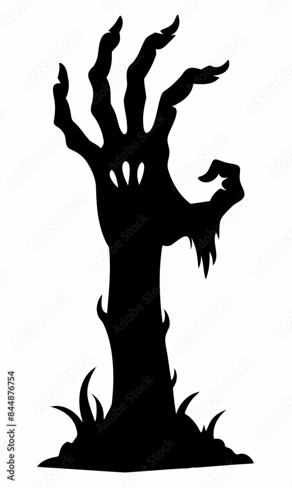Black silhouette of a zombie hand rising from the ground isolated on a white background. Eerie Zombie hand outline. Concept of horror, Halloween, creepy design. Print, icon, design element Black silhouette of a zombie hand rising from the ground isolated on a white background. Eerie Zombie hand outline. Concept of horror, Halloween, creepy design. Print, icon, design element