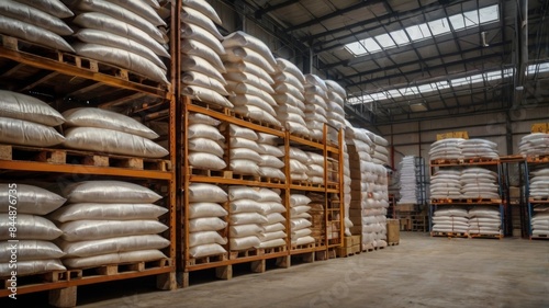 Forklift handling sugar bag for stuffing into container for export. Distribution, Logistics Import Export, Warehouse operation, Trading, Shipment, Delivery concept.