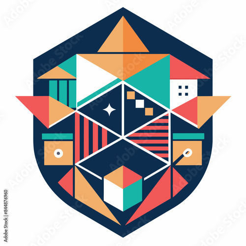 A minimalist abstract design with geometric shapes forming an abstract image, Geometric shapes coming together to form a minimalist school emblem