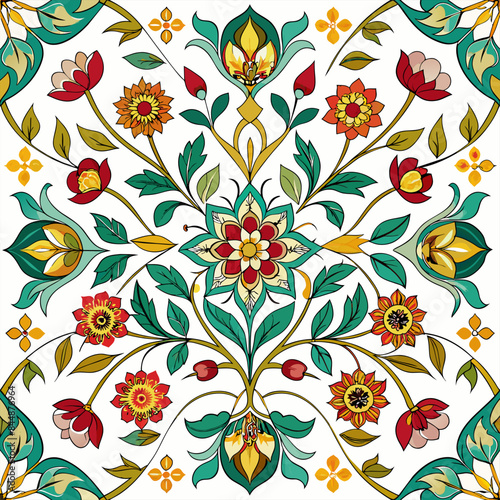 Colorful Floral Seamless Pattern with Ornate Vintage Design Elements for Fabric and Wallpaper