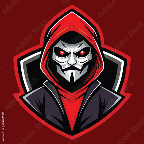 A digital illustration of a red hooded hacker mascot wearing a black jacket and skull mask for sports and esports logo design, hacker mascot for sports and esports logo
