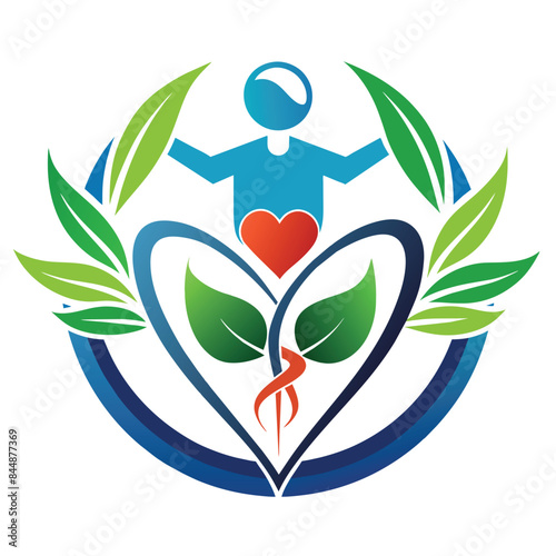 A healthcare logo design template with a circular frame, leaves, a person, and a plus sign, Health Care logo design template