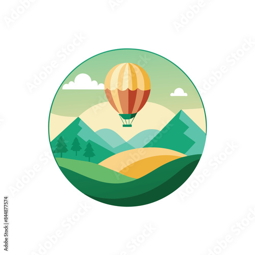A colorful hot air balloon floats above a picturesque mountain landscape, with a bright sunset in the background, Hot air balloon floating over a scenic landscape