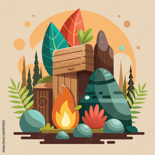 A digital illustration depicting a stone and wood structure surrounded by lush greenery and rocks, Incorporating natural elements like wood or stone for warmth and texture