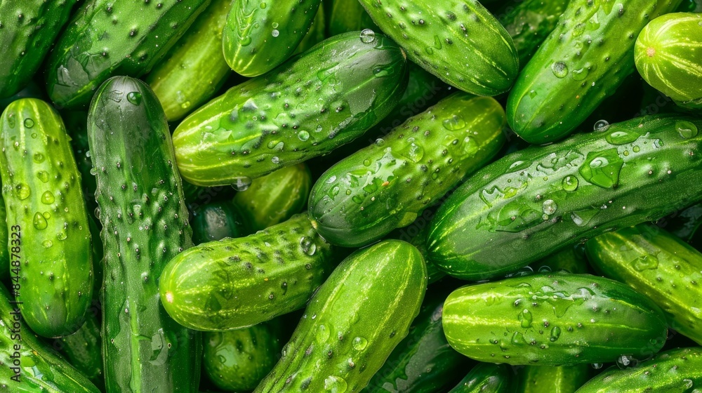 Fresh green cucumbers with water droplets close-up Fresh green cucumbers with water droplets close-up
